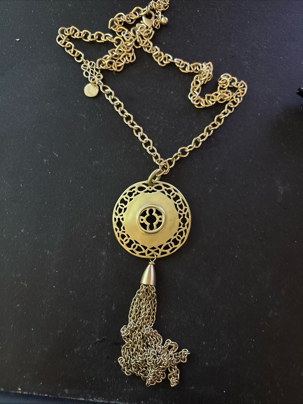Chico's Gold-Tone Filigree Circle Necklace with Tassel 31-34”